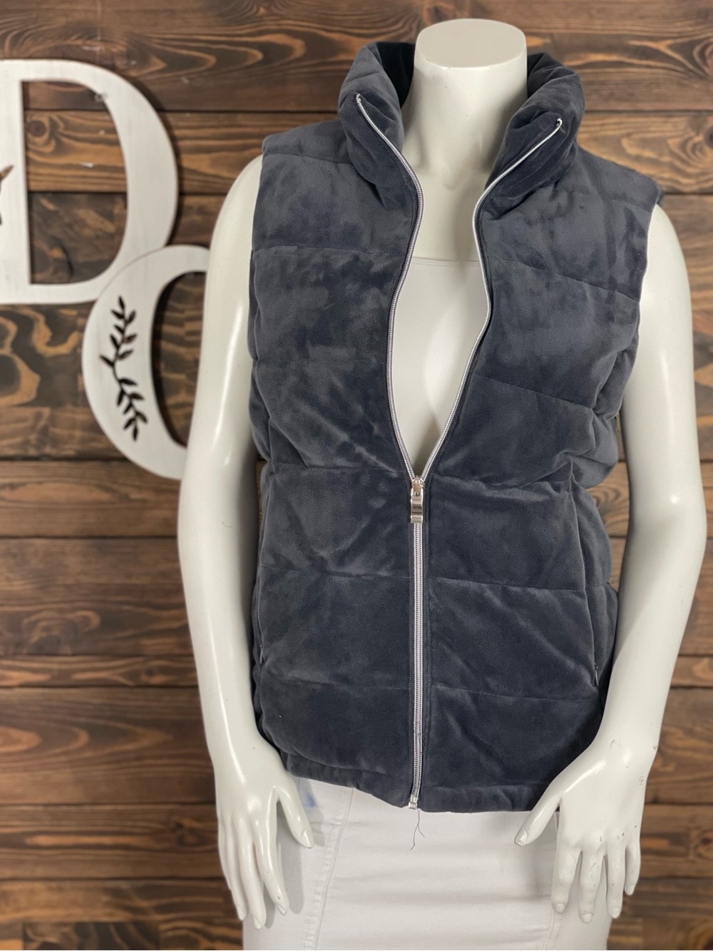 ZeroXposure | Charcoal Puffer Vest Sleeveless Zip Front Pockets Velour Velvet